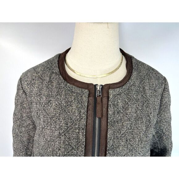 For Cynthia Brown Tweed Blazer Jacket Sz XL Quilted Zip Faux Suede Trim - Picture 7 of 12